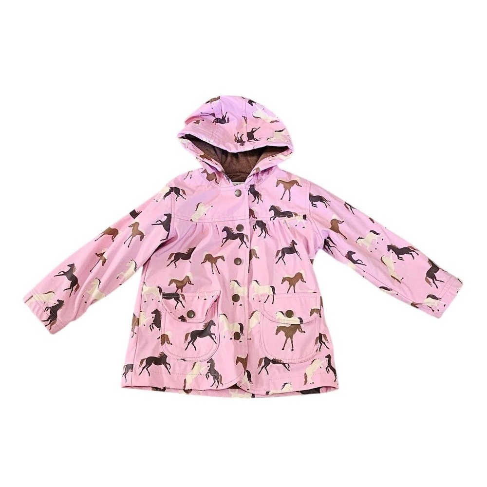 Hatley Girls Pink Horse Print Rain Jacket Hooded Raincoat Size 2 Years